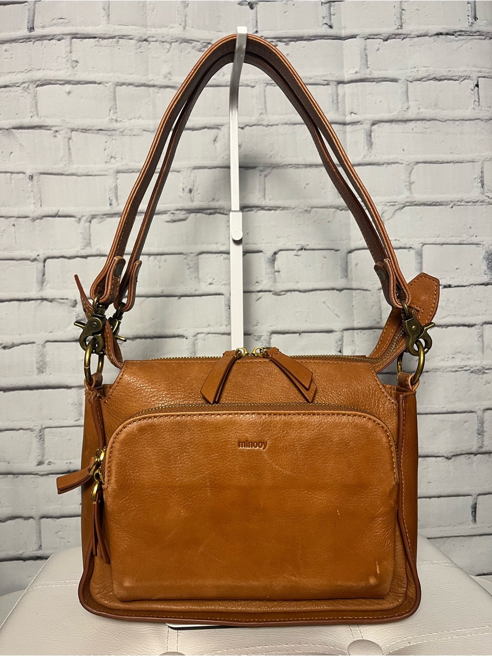 Minooy Tan Leather Double-Strap Shoulder Bag
